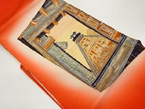 塩瀬金彩手描き城風景模様暈し名古屋帯